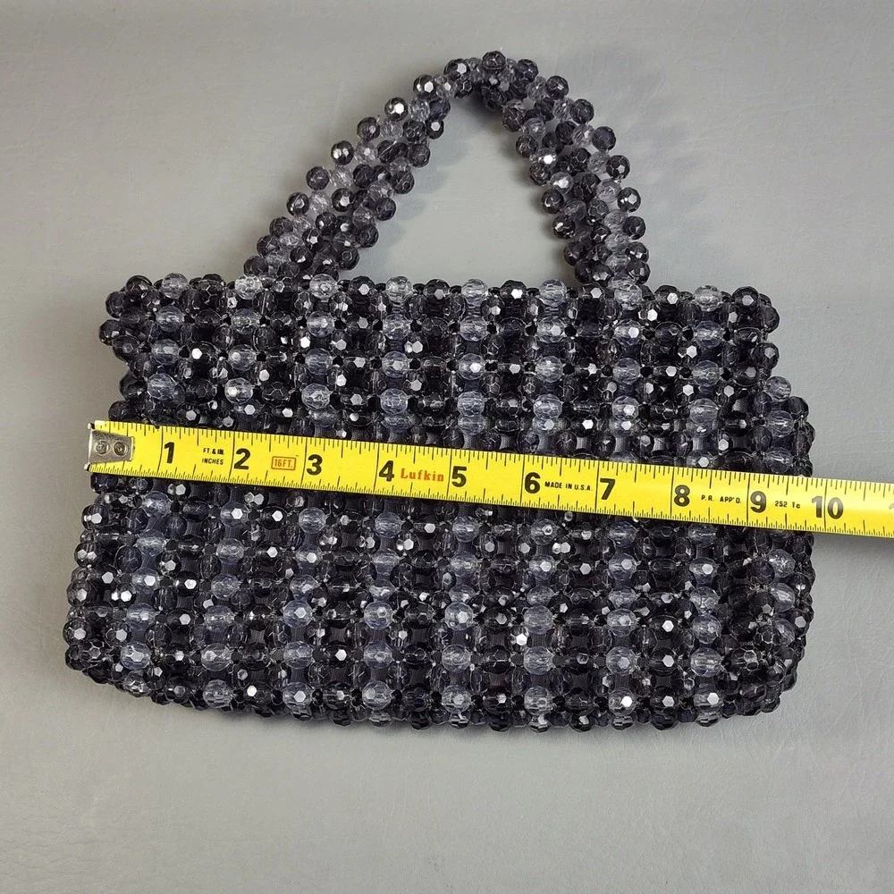 Vintage Crystal Beaded Purse Fauceted Beads Smoke Gray Hong Kong 60s Handmade